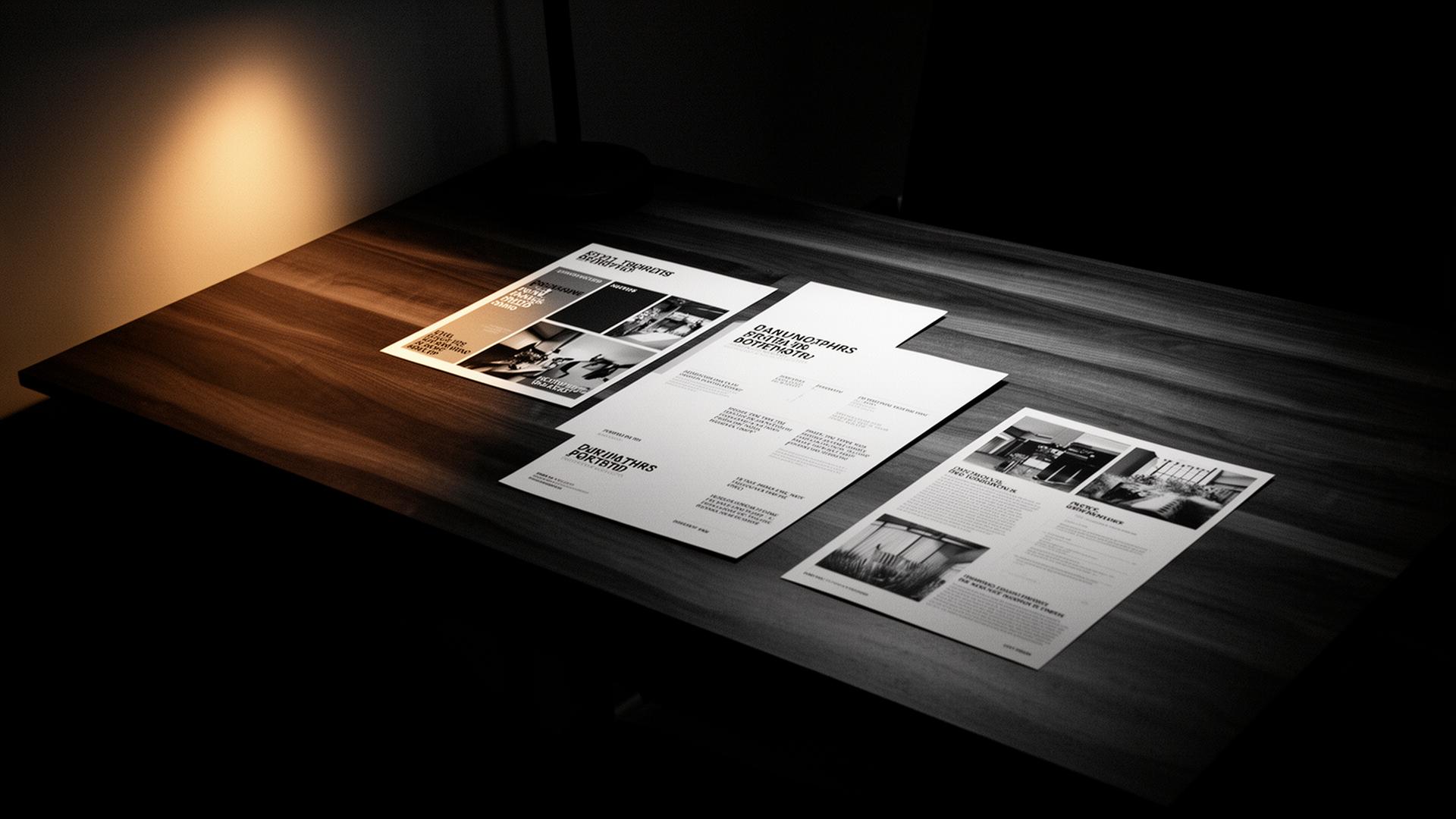 Printed brand material on a dark walnut desk lit by a single warm light