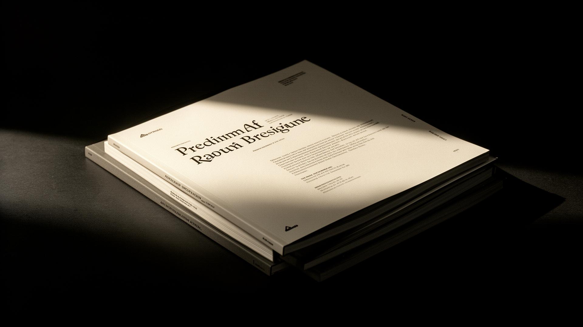 Stack of premium printed brand books on a dark surface under directional light